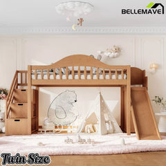 Bellemave® Wood Loft Bed with Slide, Storage Stairs & Wardrobe - Bellemave