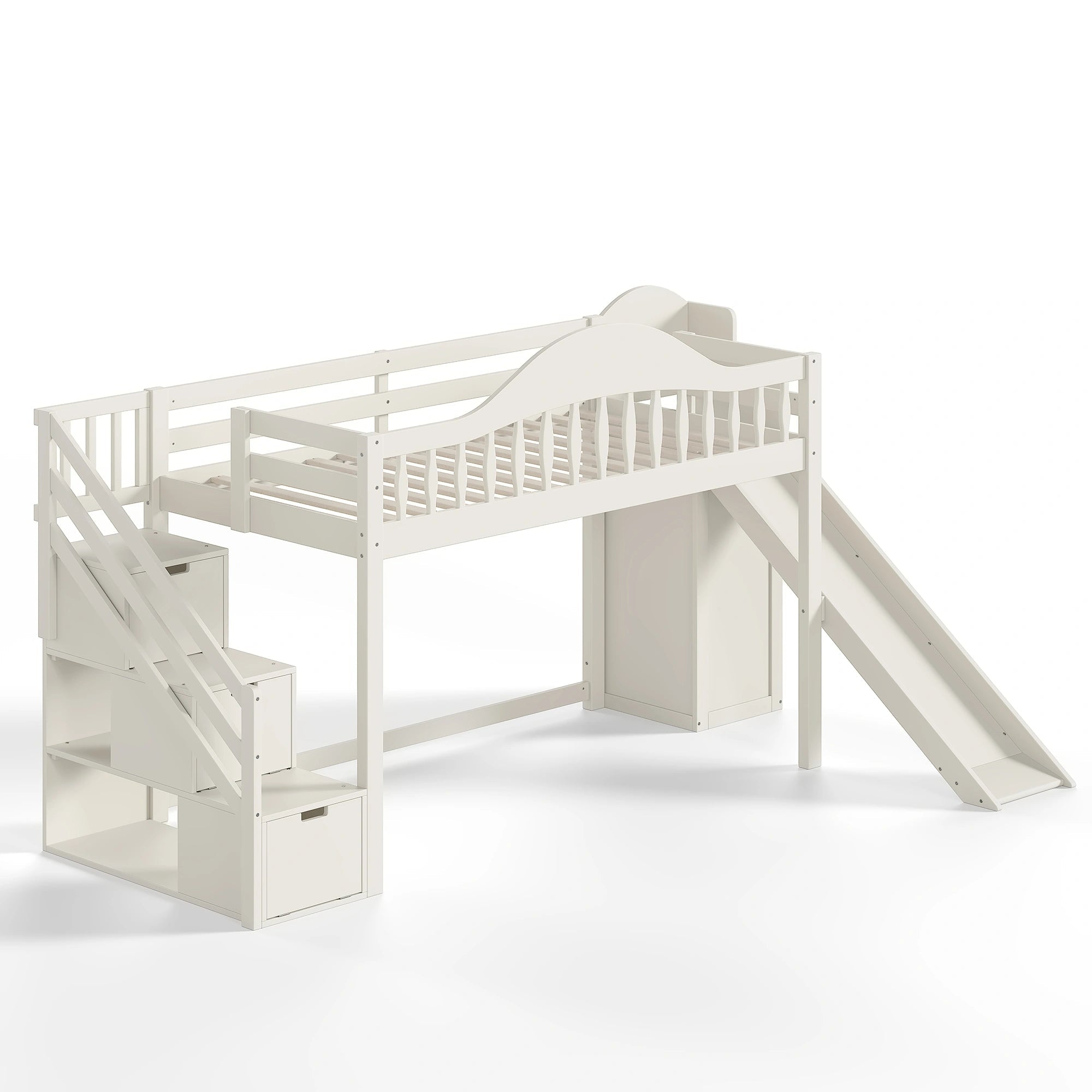 Bellemave® Wood Loft Bed with Slide, Storage Stairs & Wardrobe - Bellemave