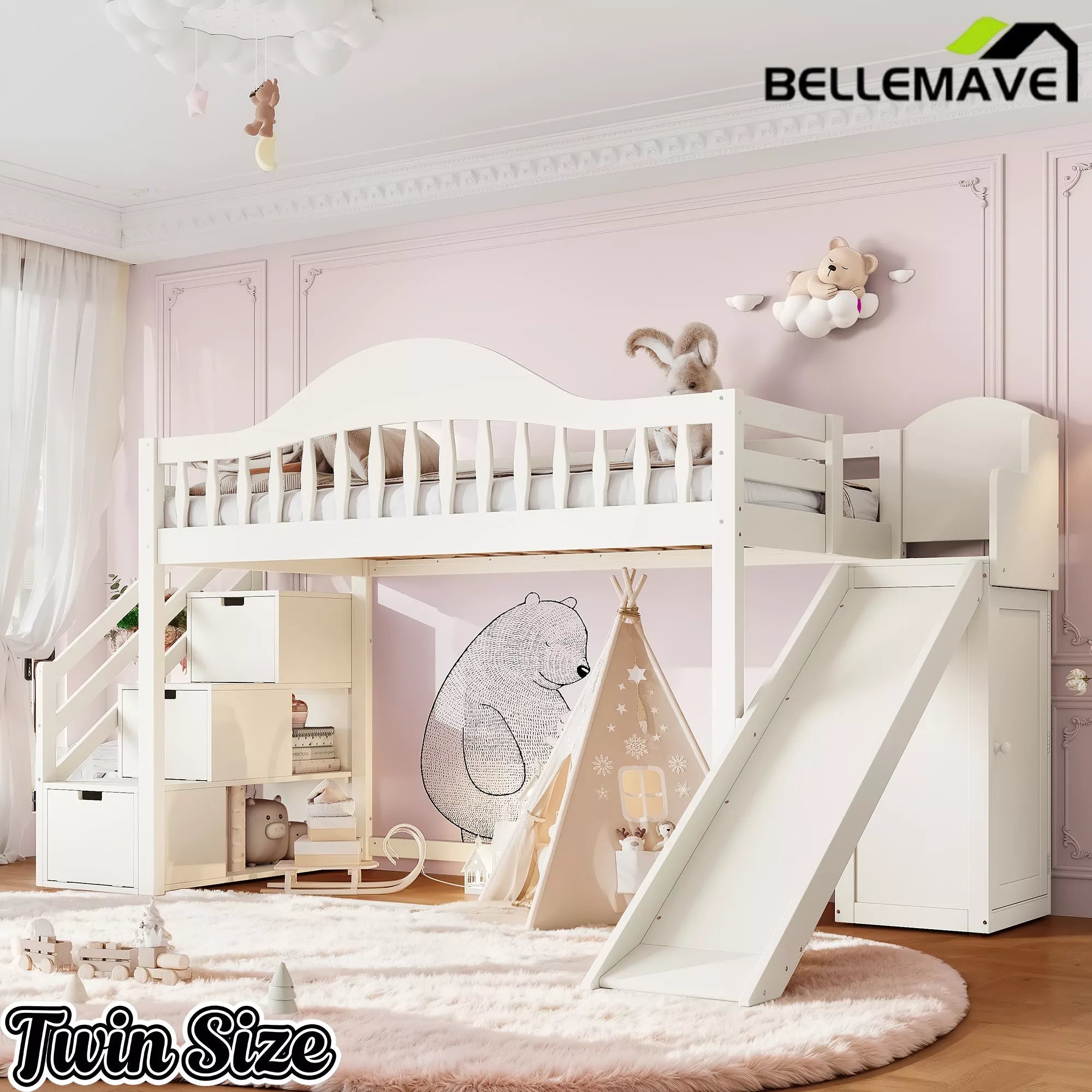 Bellemave® Wood Loft Bed with Slide, Storage Stairs & Wardrobe - Bellemave