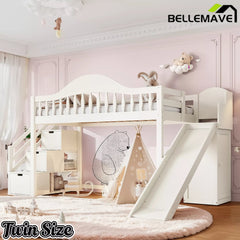 Bellemave® Wood Loft Bed with Slide, Storage Stairs & Wardrobe - Bellemave