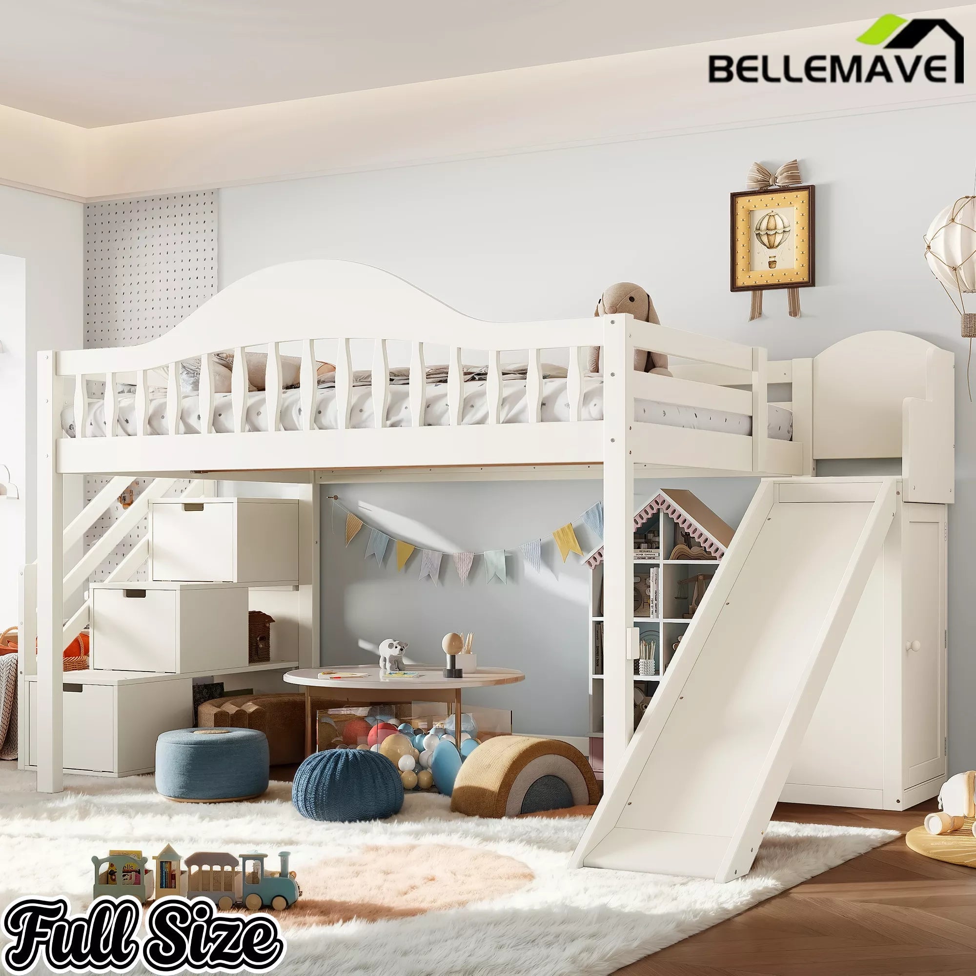 Bellemave® Wood Loft Bed with Slide, Storage Stairs & Wardrobe - Bellemave