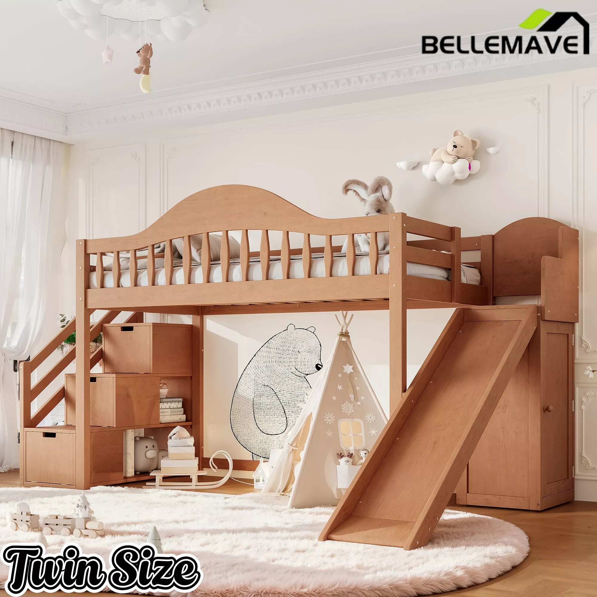 Bellemave® Wood Loft Bed with Slide, Storage Stairs & Wardrobe - Bellemave