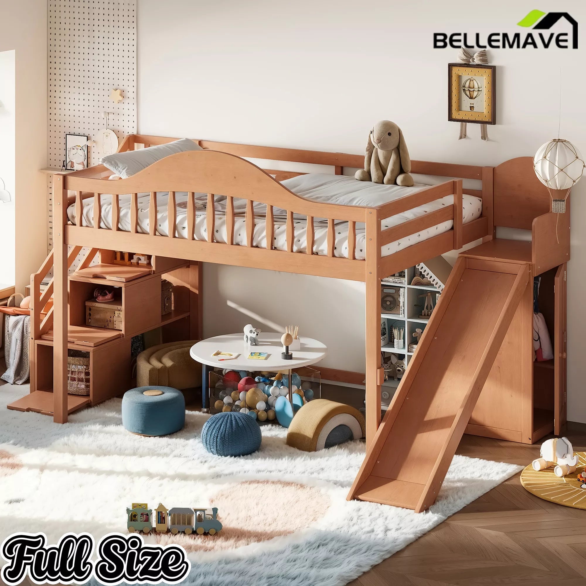 Bellemave® Wood Loft Bed with Slide, Storage Stairs & Wardrobe - Bellemave