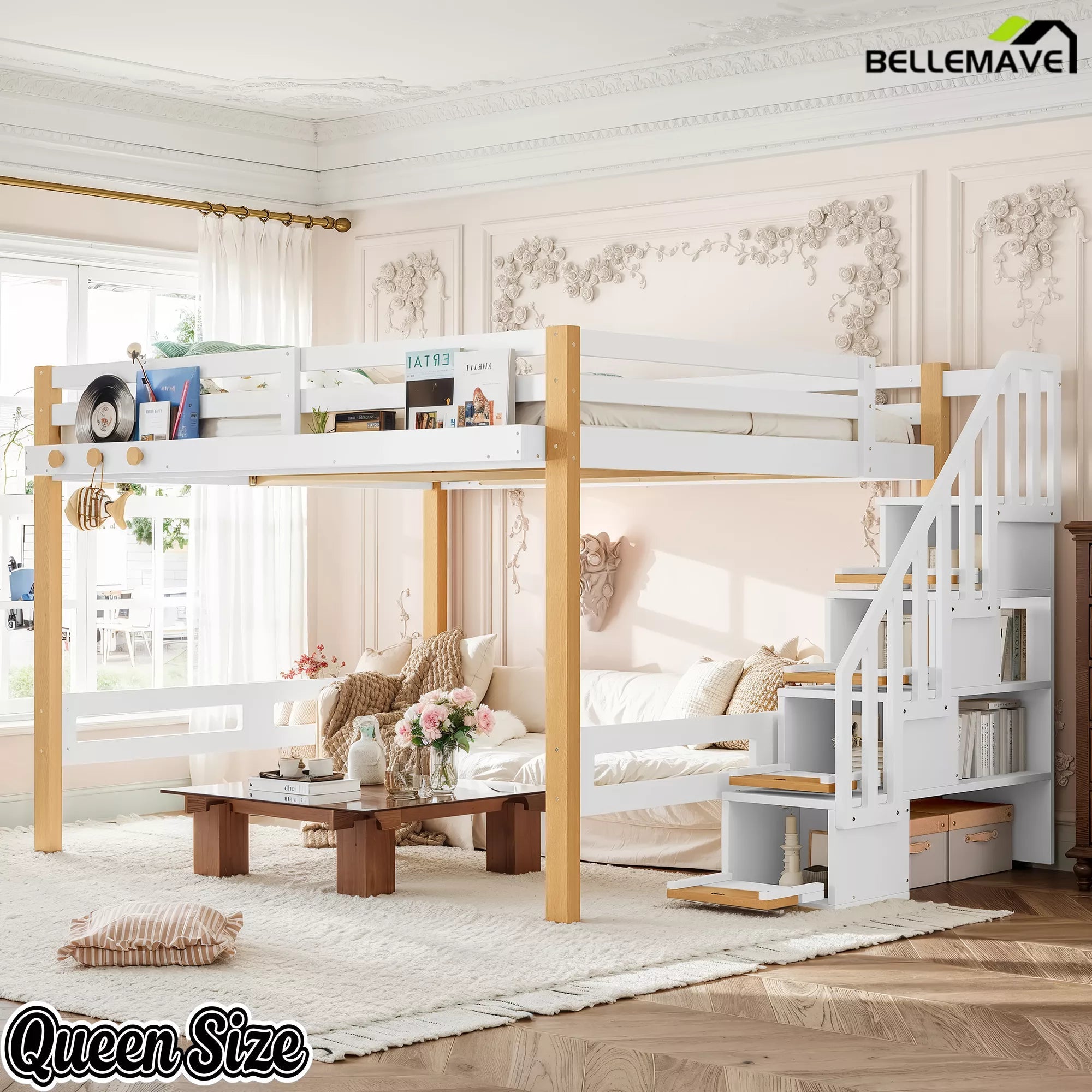 Bellemave® Wood Loft Bed with Storage Shelves and Clothes Hook - Bellemave