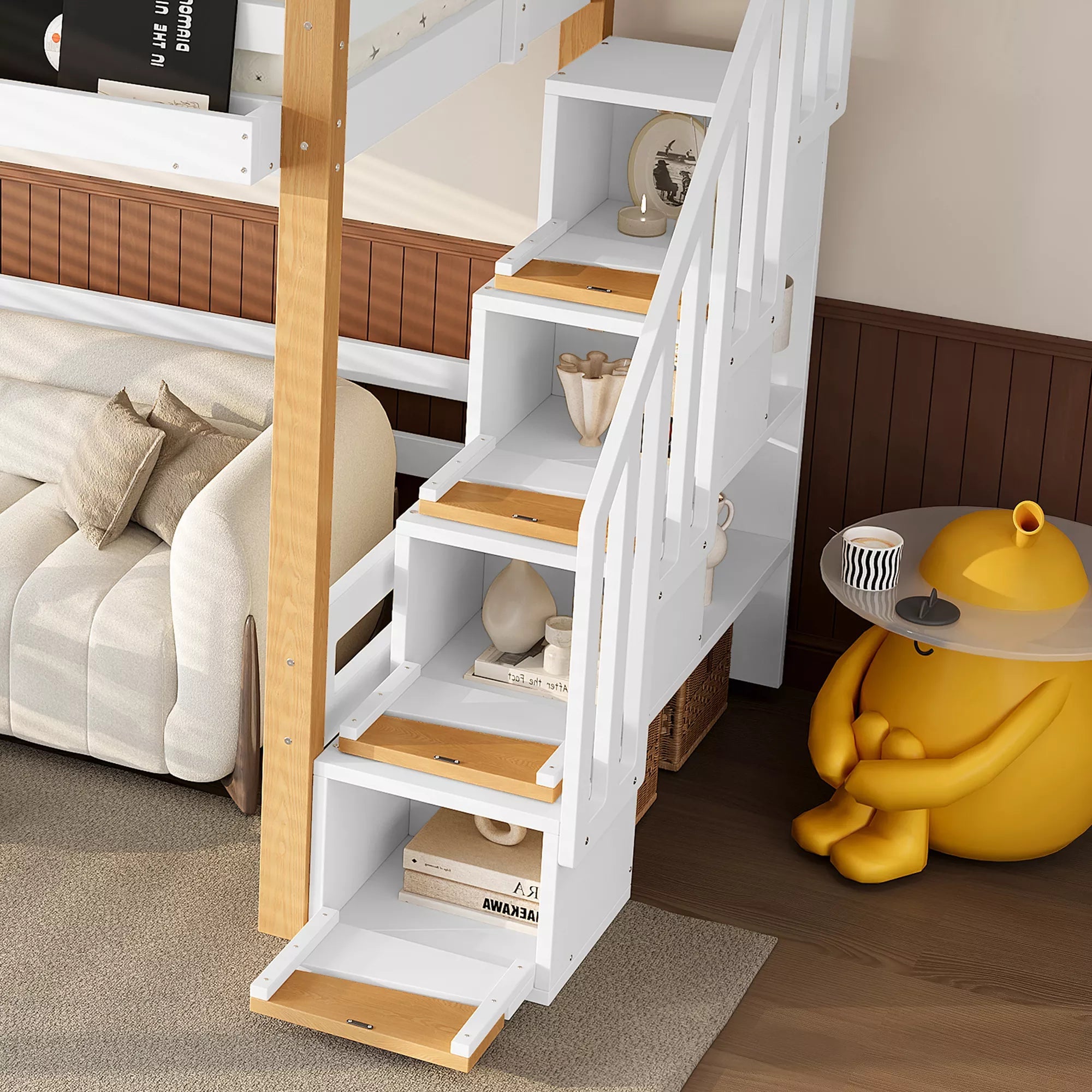 Bellemave® Wood Loft Bed with Storage Shelves and Clothes Hook - Bellemave