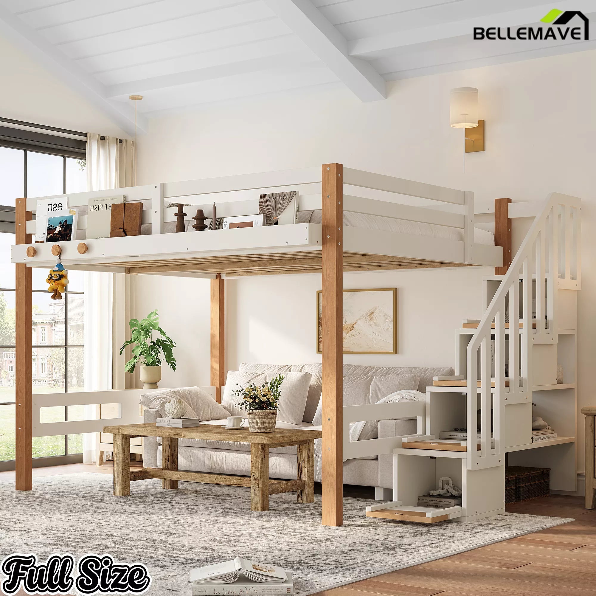 Bellemave® Wood Loft Bed with Storage Shelves and Clothes Hook - Bellemave