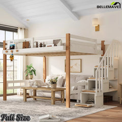 Bellemave® Wood Loft Bed with Storage Shelves and Clothes Hook - Bellemave