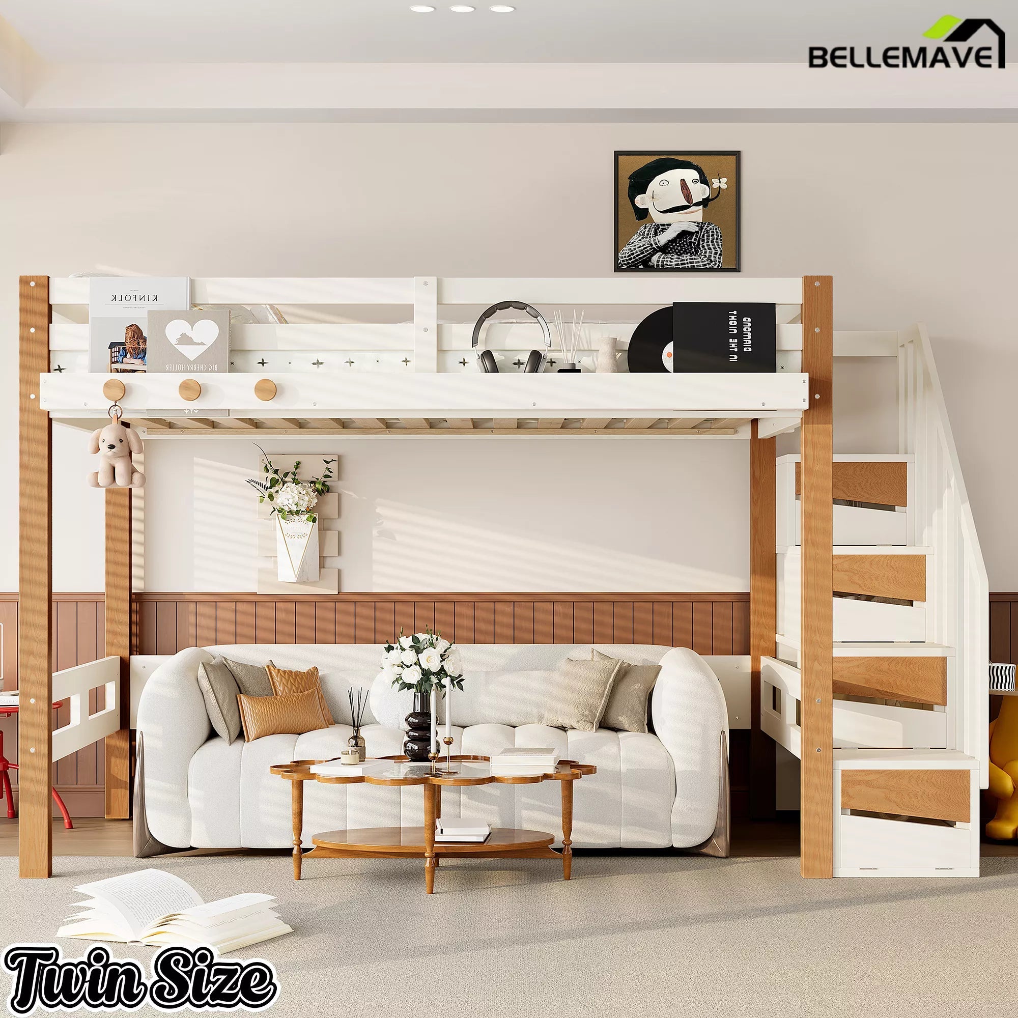 Bellemave® Wood Loft Bed with Storage Shelves and Clothes Hook - Bellemave