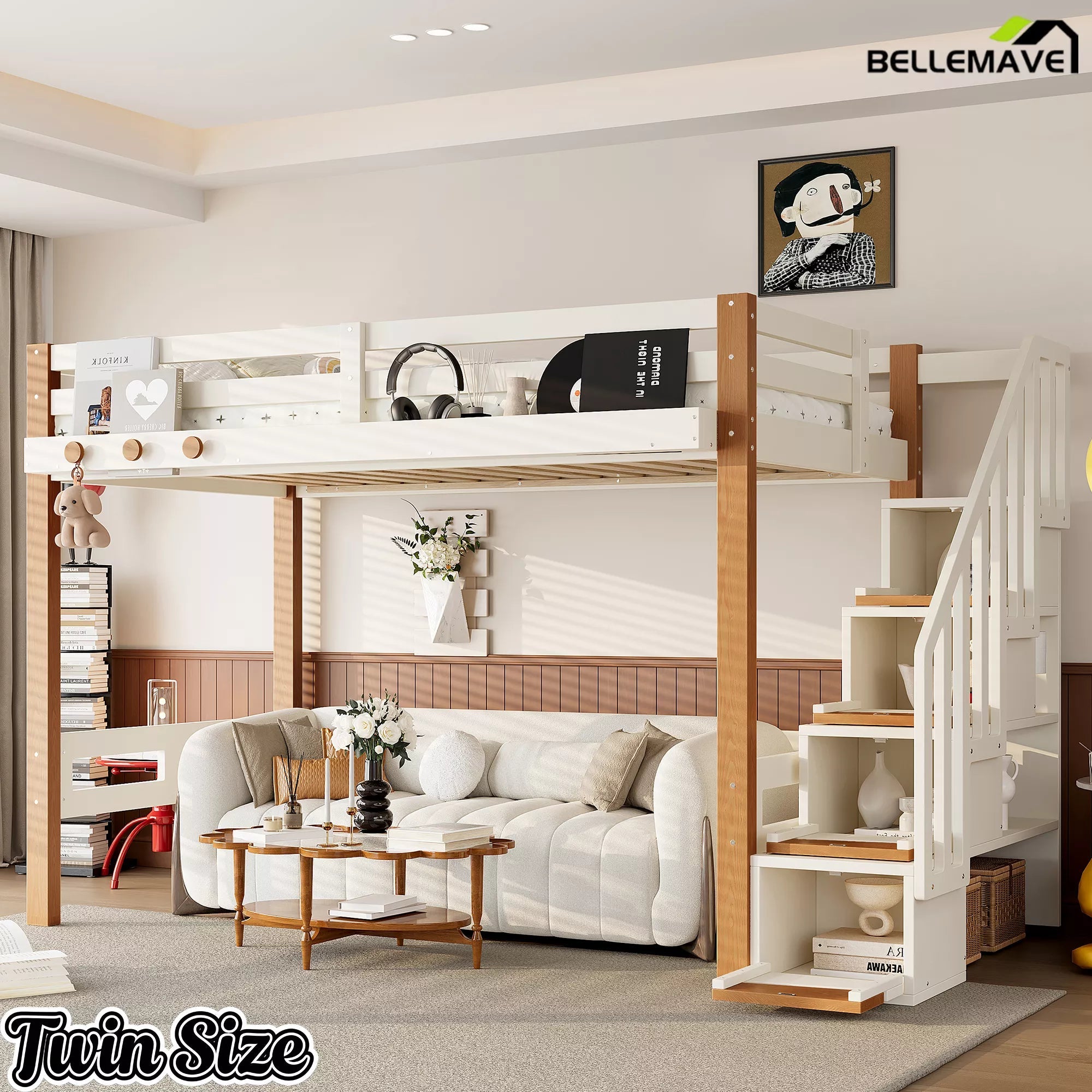 Bellemave® Wood Loft Bed with Storage Shelves and Clothes Hook - Bellemave
