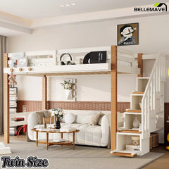 Bellemave® Wood Loft Bed with Storage Shelves and Clothes Hook - Bellemave