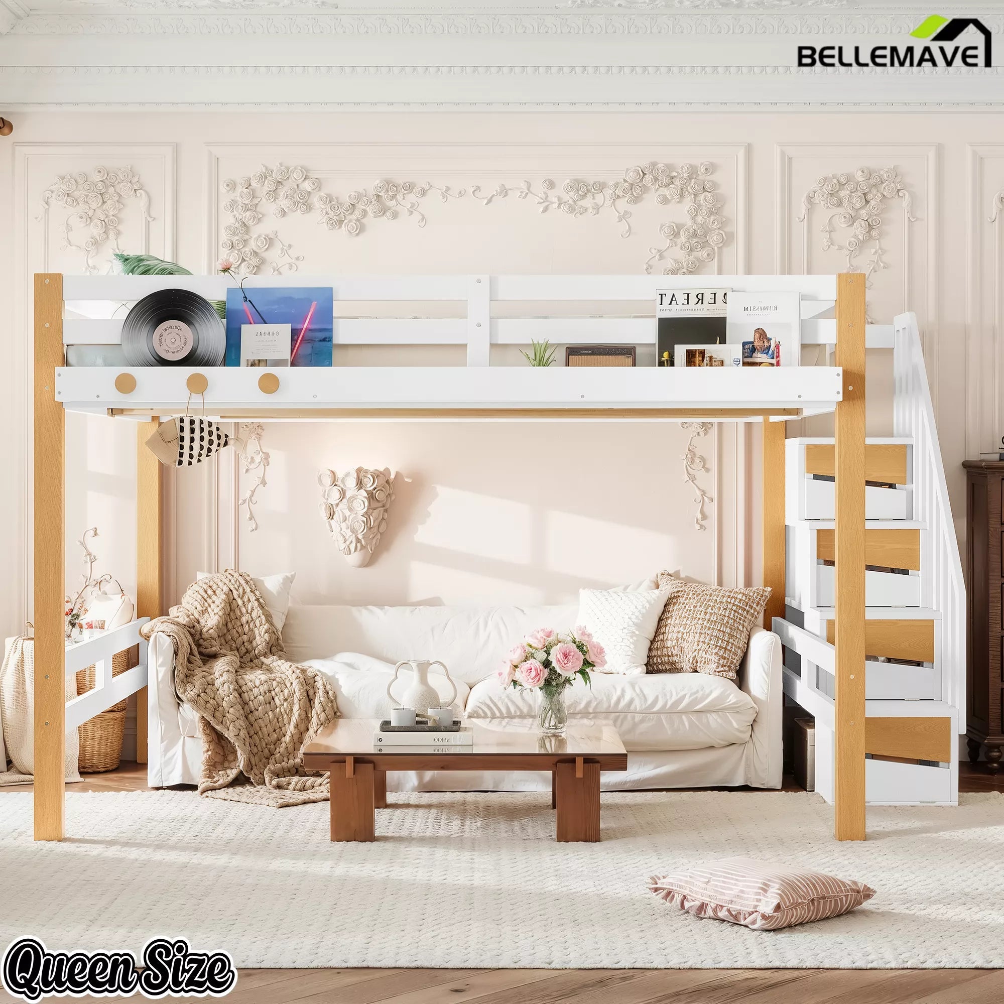 Bellemave® Wood Loft Bed with Storage Shelves and Clothes Hook - Bellemave