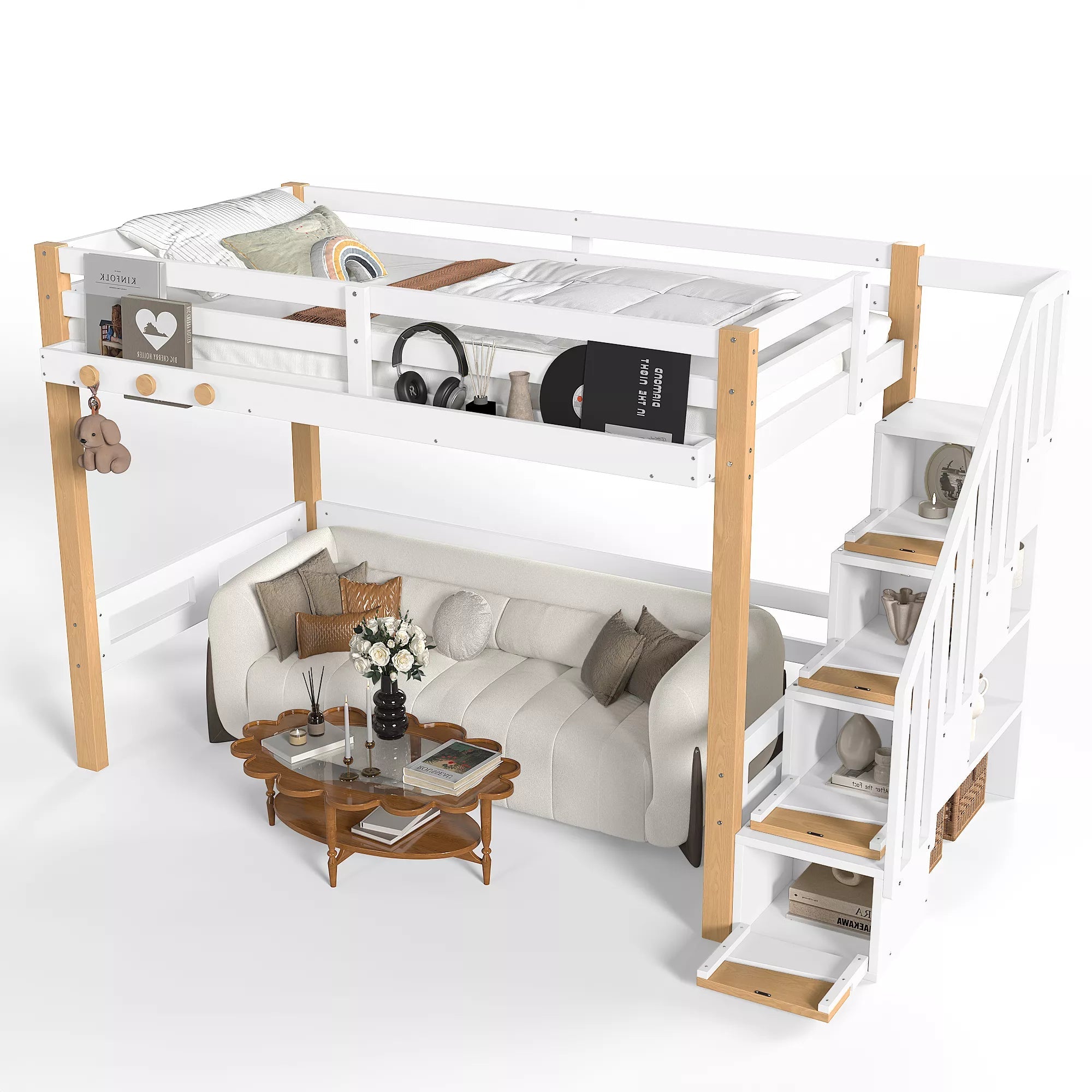 Bellemave® Wood Loft Bed with Storage Shelves and Clothes Hook - Bellemave