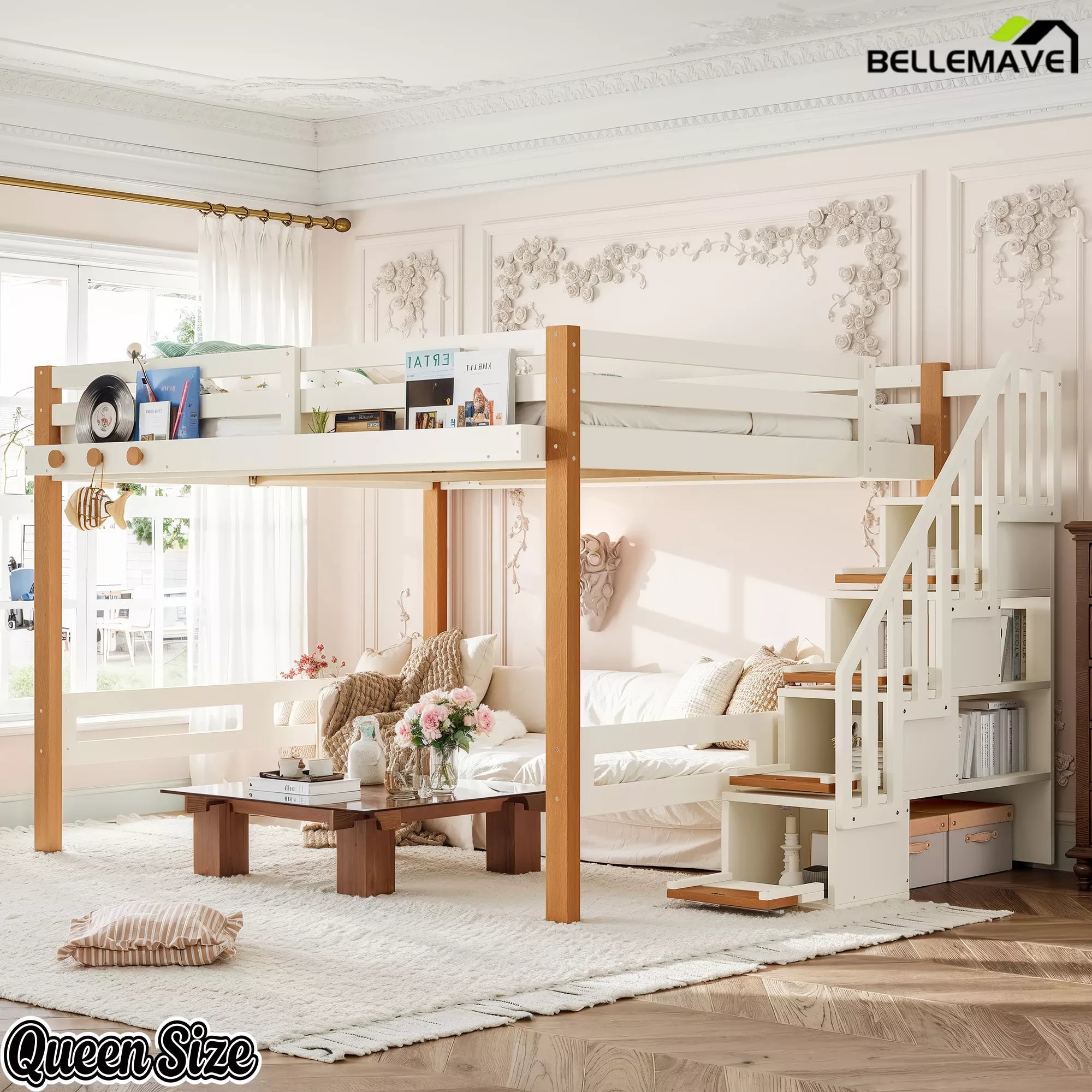 Bellemave® Wood Loft Bed with Storage Shelves and Clothes Hook - Bellemave