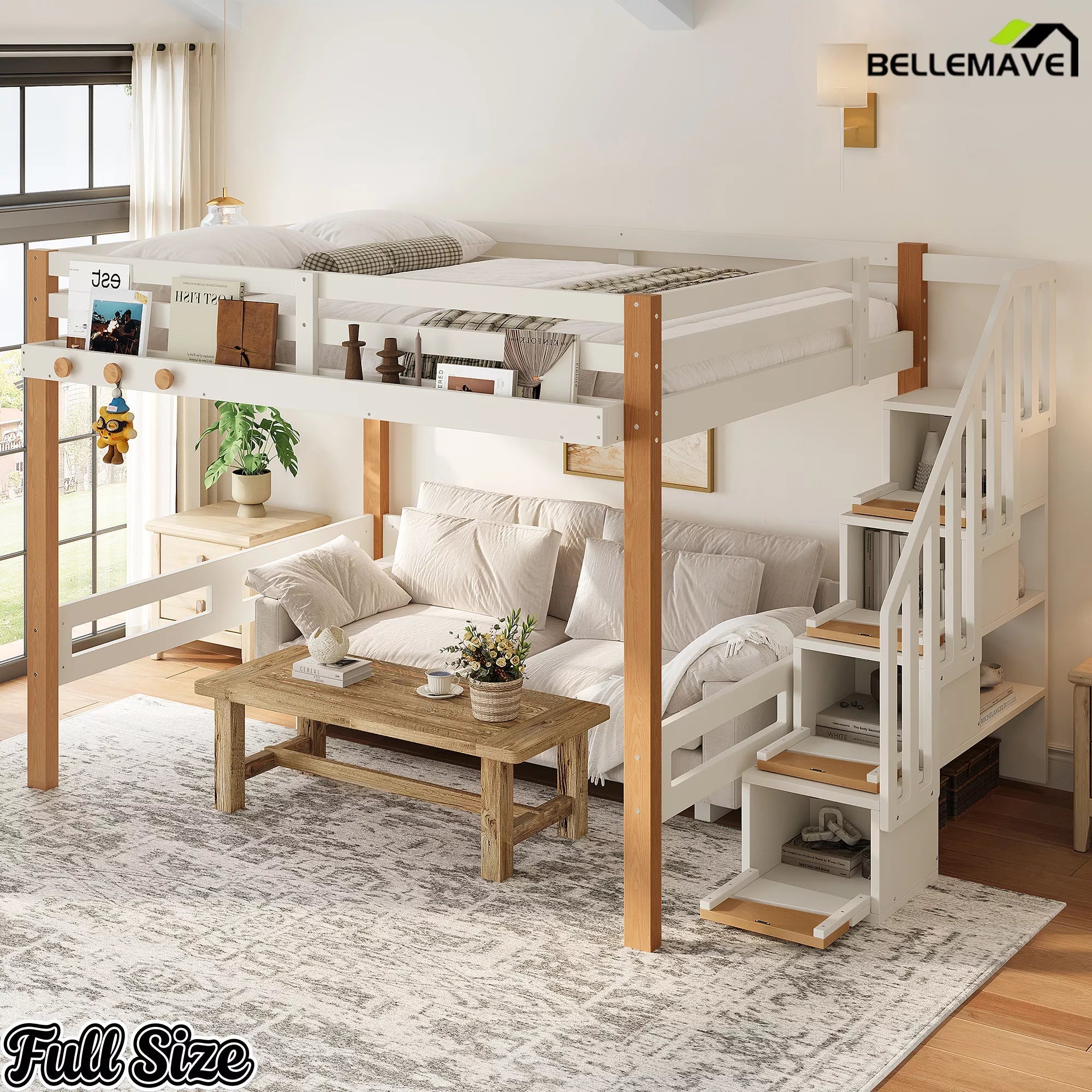 Bellemave® Wood Loft Bed with Storage Shelves and Clothes Hook - Bellemave