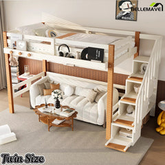 Bellemave® Wood Loft Bed with Storage Shelves and Clothes Hook - Bellemave