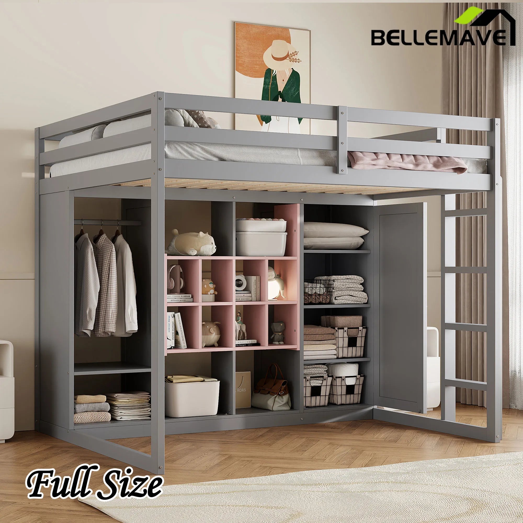 Bellemave® Wood Loft Bed with Wardrobe, Shelves and Cabine - Bellemave