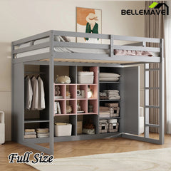 Bellemave® Wood Loft Bed with Wardrobe, Shelves and Cabine - Bellemave