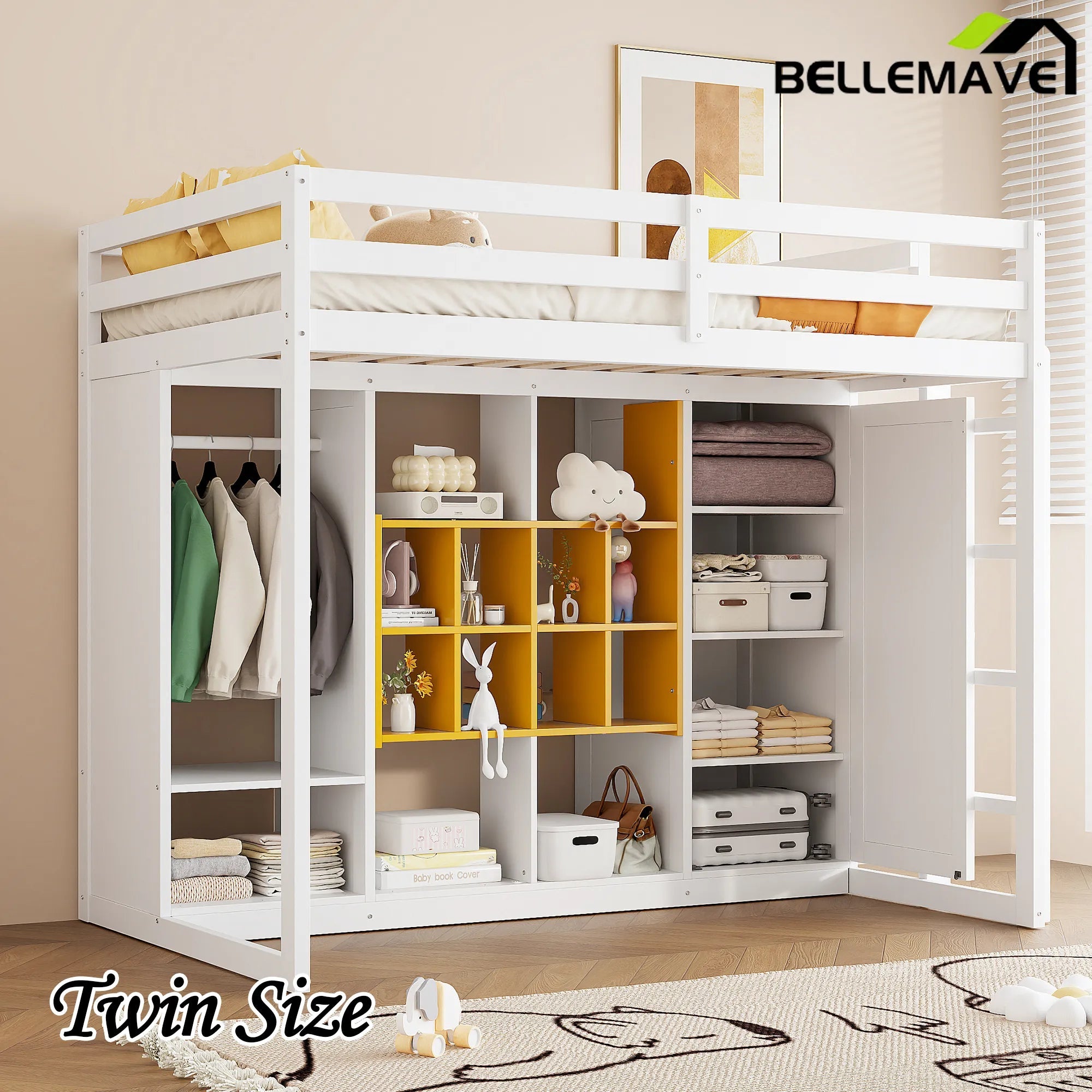 Bellemave® Wood Loft Bed with Wardrobe, Shelves and Cabine - Bellemave