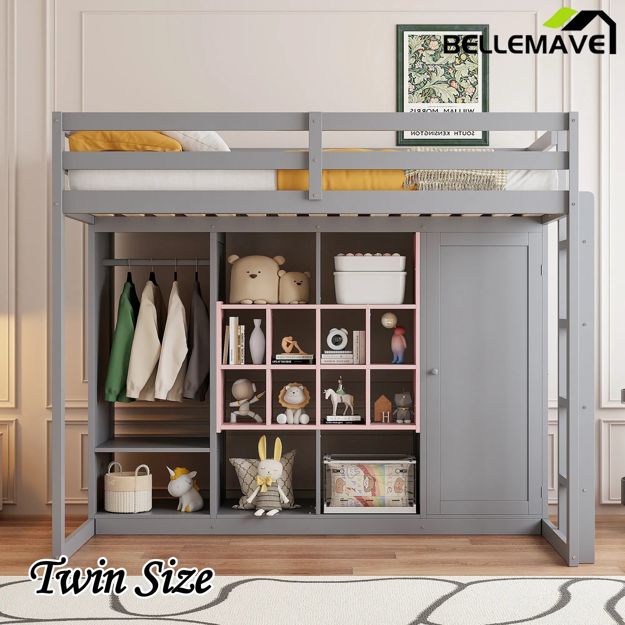 Bellemave® Wood Loft Bed with Wardrobe, Shelves and Cabine - Bellemave