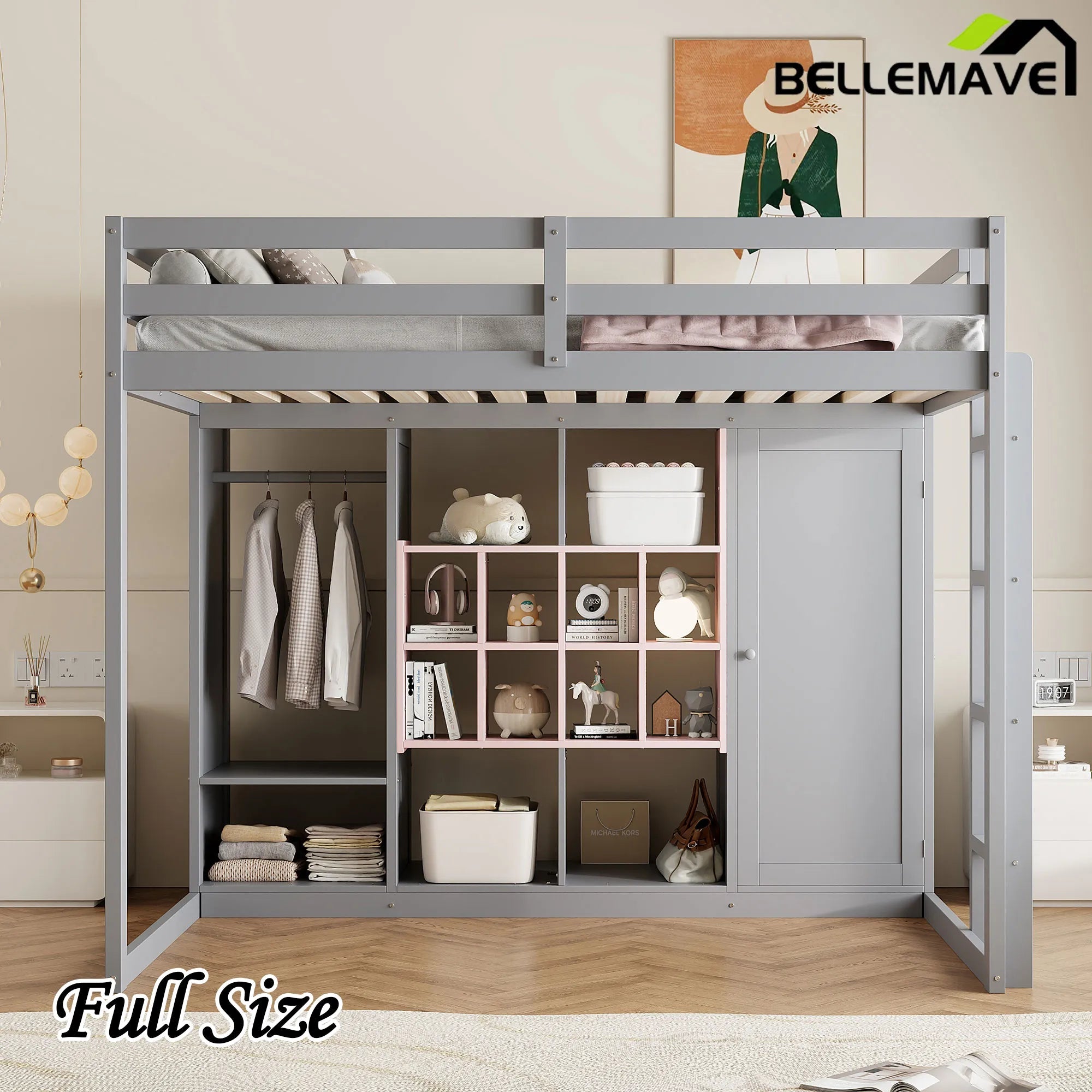 Bellemave® Wood Loft Bed with Wardrobe, Shelves and Cabine - Bellemave