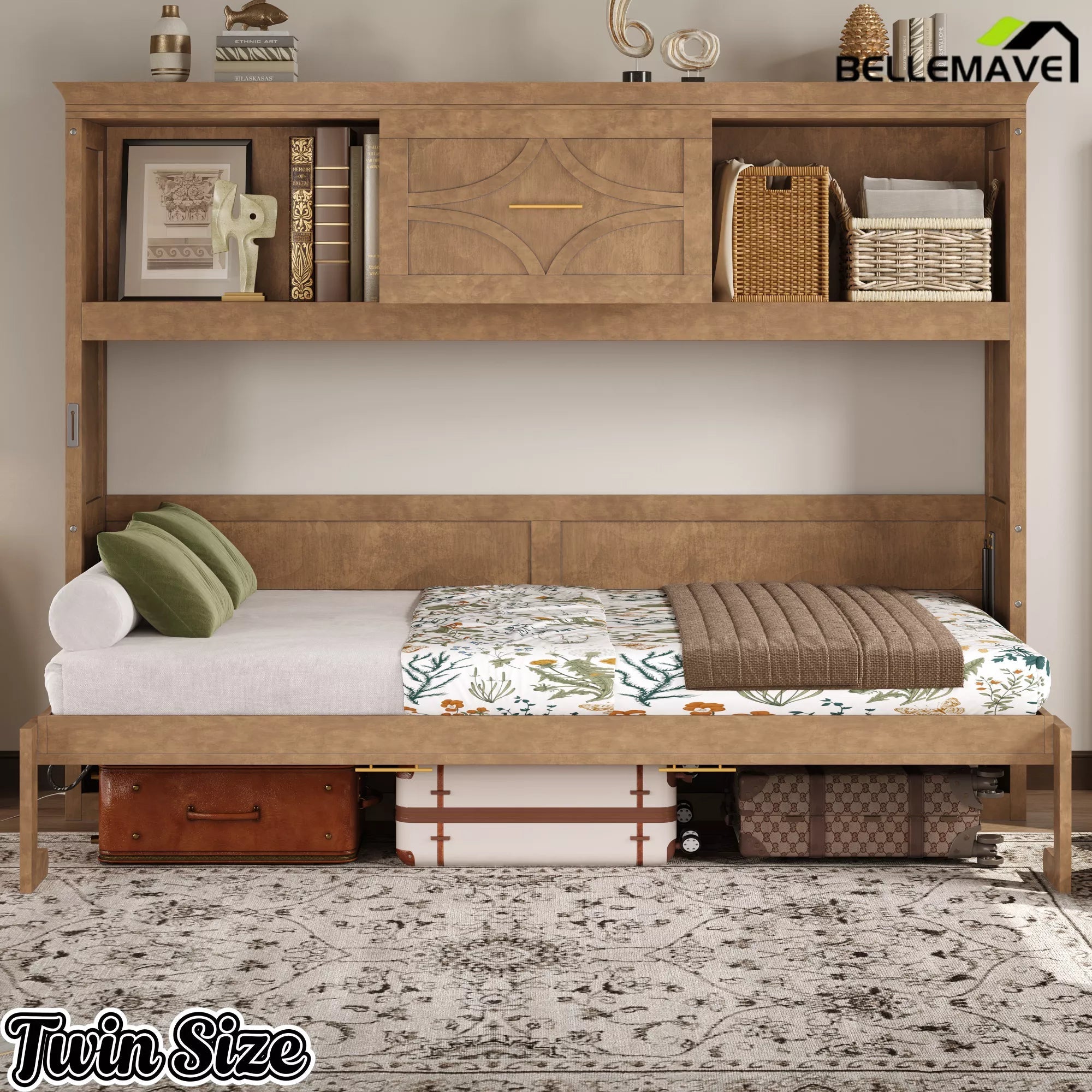 Bellemave® Wood Murphy Bed Frame with Charging Station and Storage Cabinets - Bellemave
