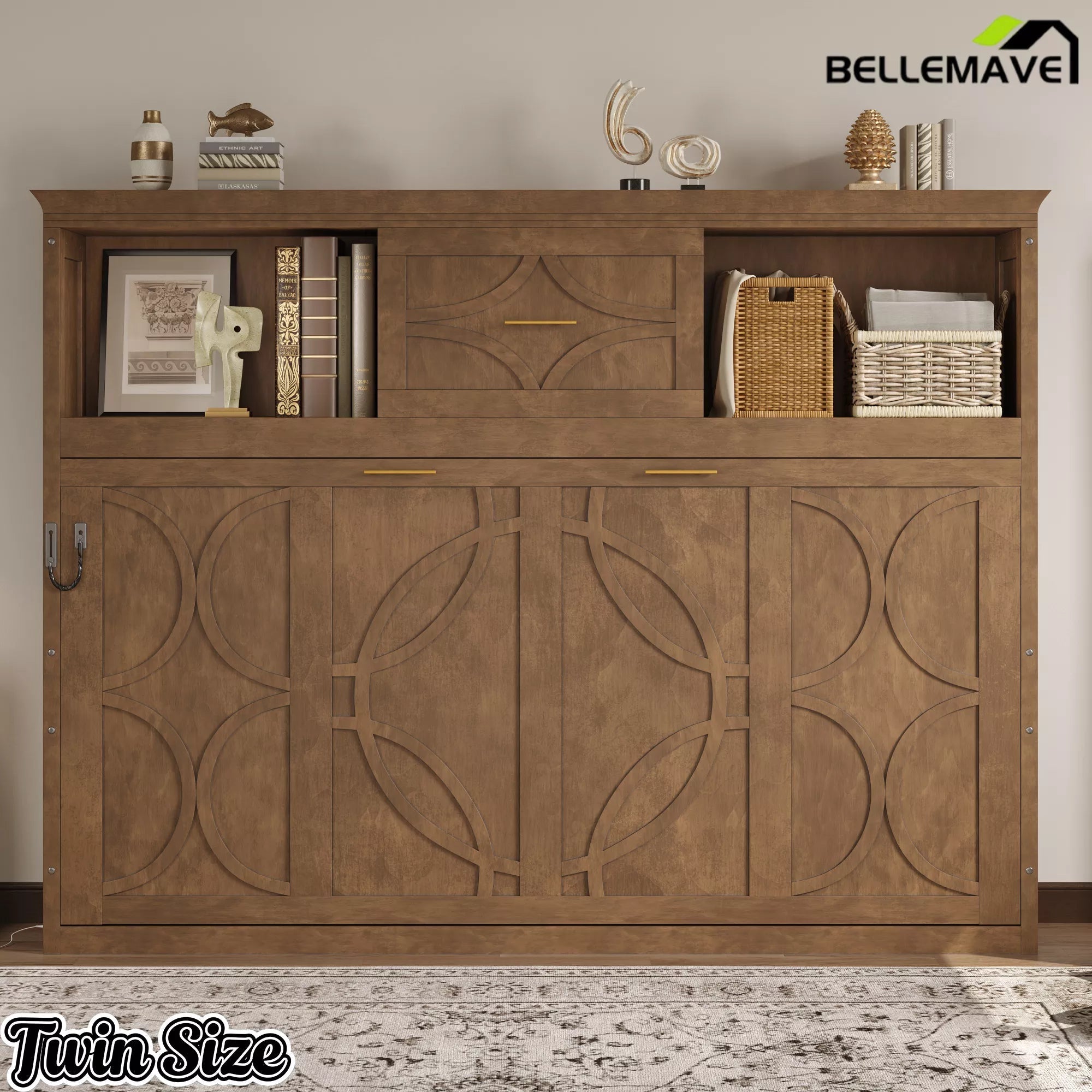 Bellemave® Wood Murphy Bed Frame with Charging Station and Storage Cabinets - Bellemave