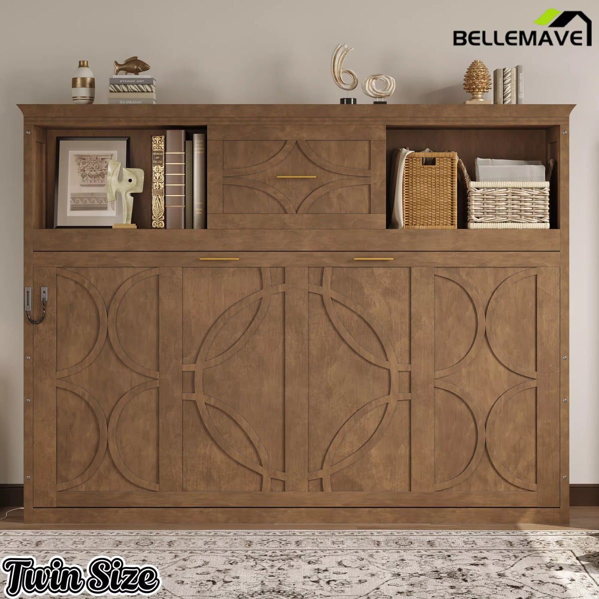 Bellemave® Wood Murphy Bed Frame with Charging Station and Storage Cabinets - Bellemave