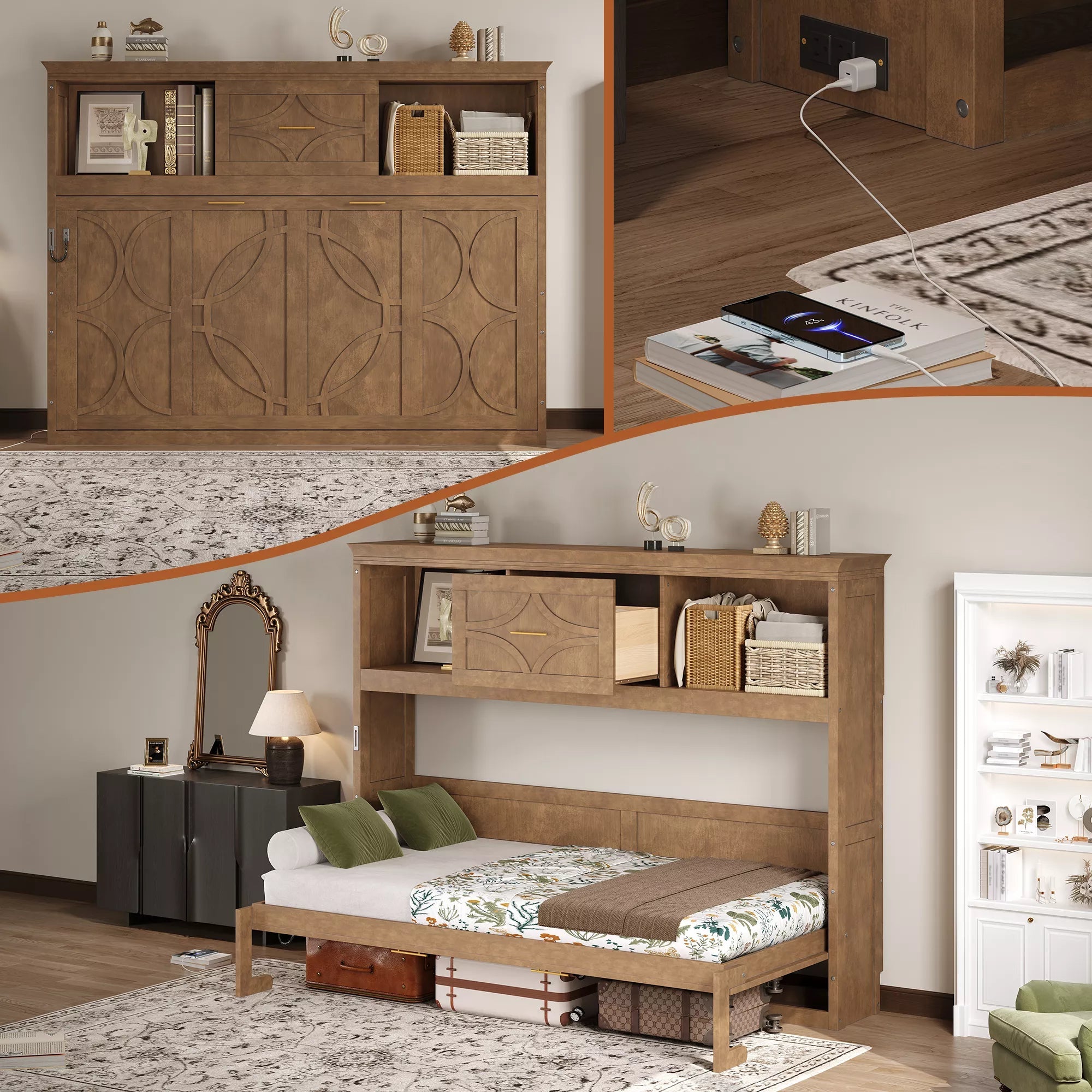 Bellemave® Wood Murphy Bed Frame with Charging Station and Storage Cabinets - Bellemave