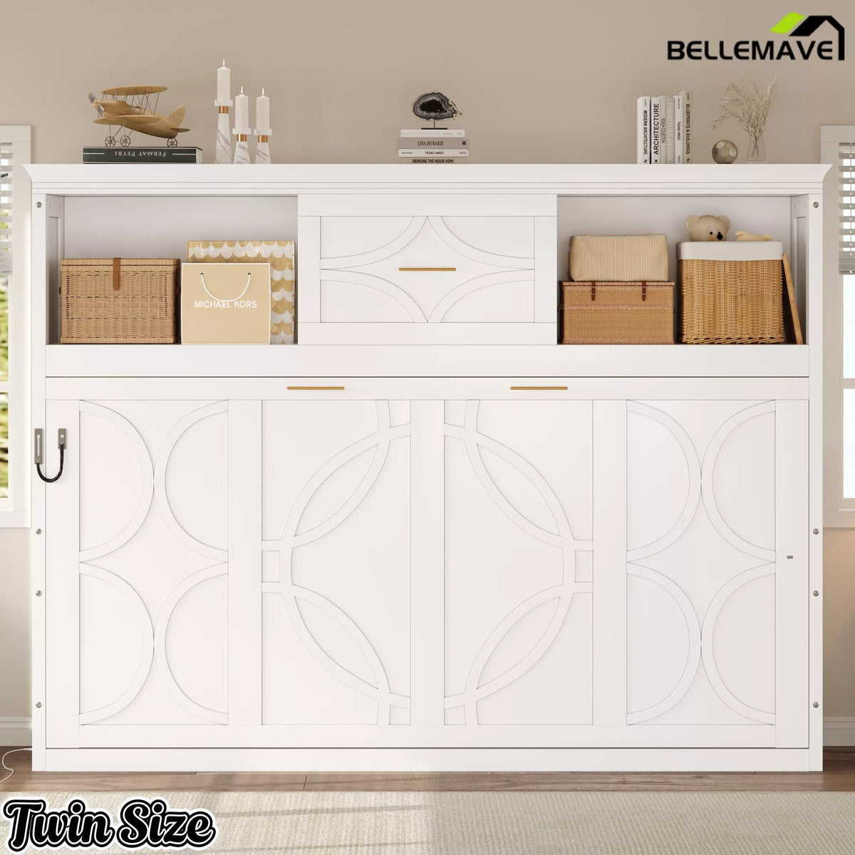 Bellemave® Wood Murphy Bed Frame with Charging Station and Storage Cabinets - Bellemave