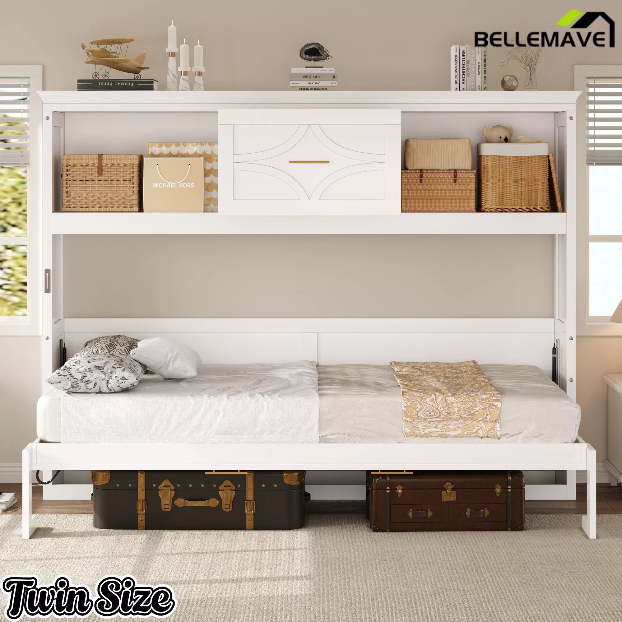 Bellemave® Wood Murphy Bed Frame with Charging Station and Storage Cabinets - Bellemave