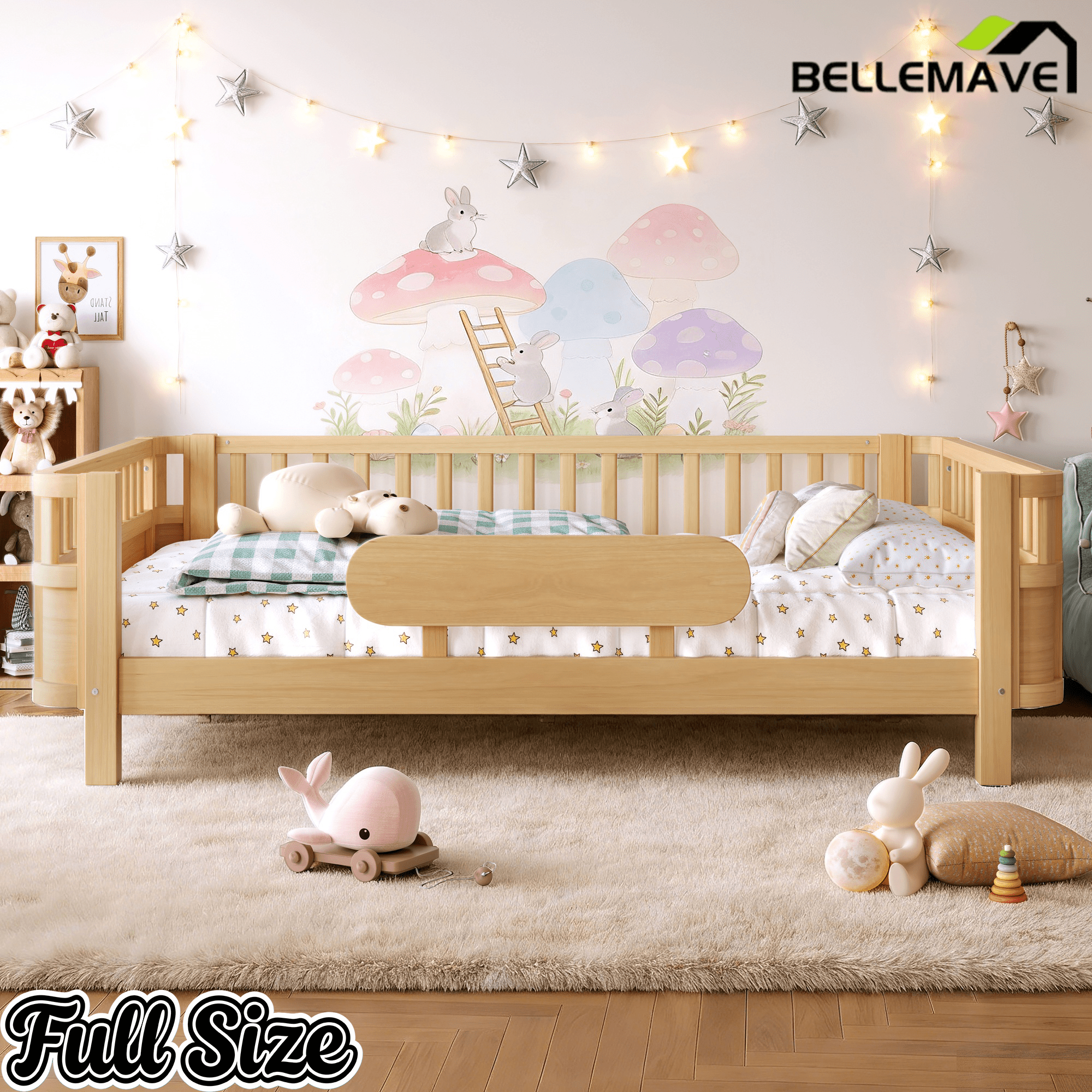 Bellemave® Wood Platform Bed for Kids, with Safety Guardrails & Detachable Fence, Extra Side Rail, Low Profile Floor Bed Frame for Co - Sleeping - Bellemave