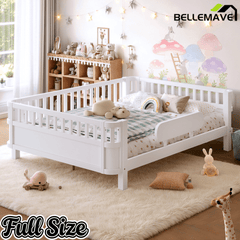 Bellemave® Wood Platform Bed for Kids, with Safety Guardrails & Detachable Fence, Extra Side Rail, Low Profile Floor Bed Frame for Co - Sleeping - Bellemave