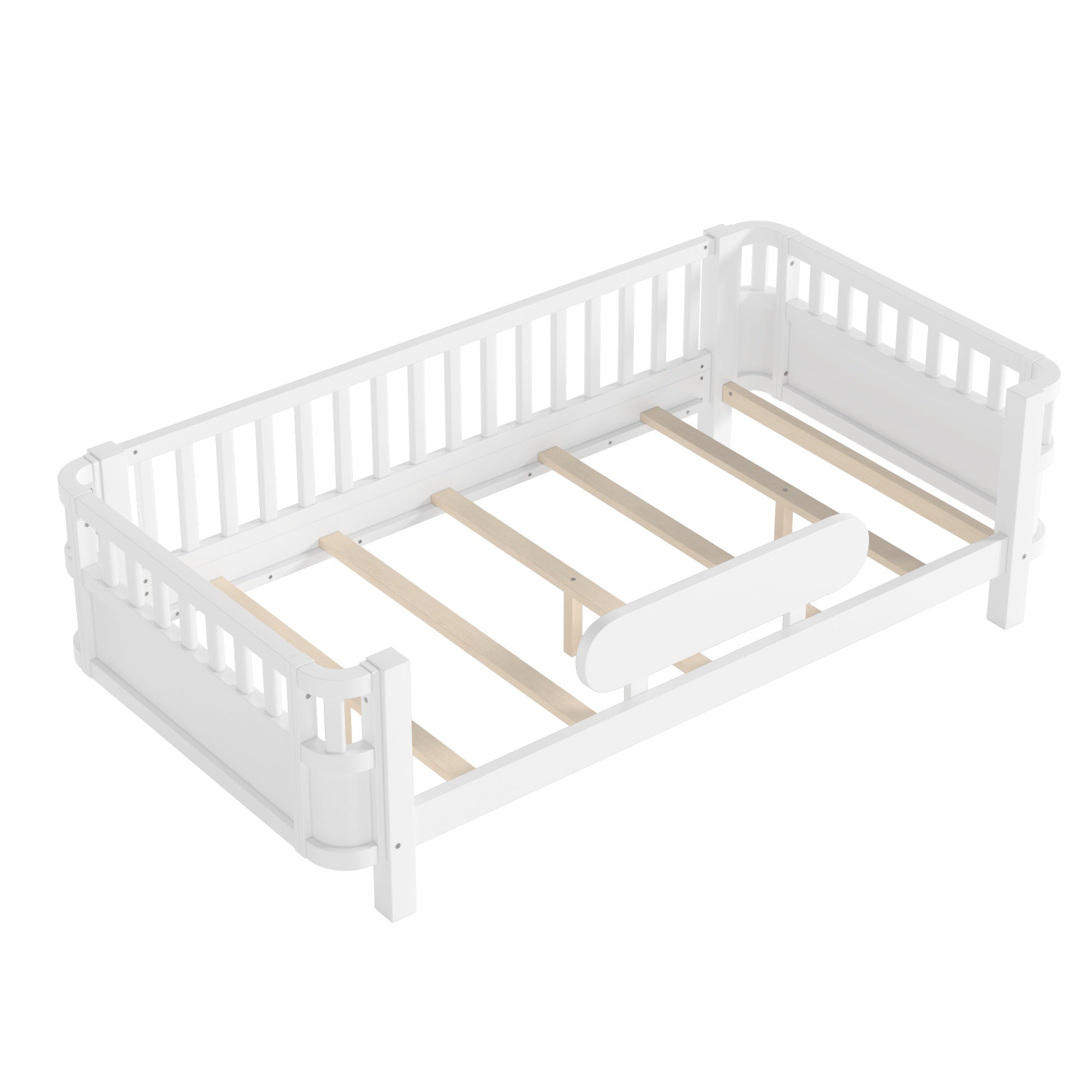 Bellemave® Wood Platform Bed for Kids, with Safety Guardrails & Detachable Fence, Extra Side Rail, Low Profile Floor Bed Frame for Co - Sleeping - Bellemave