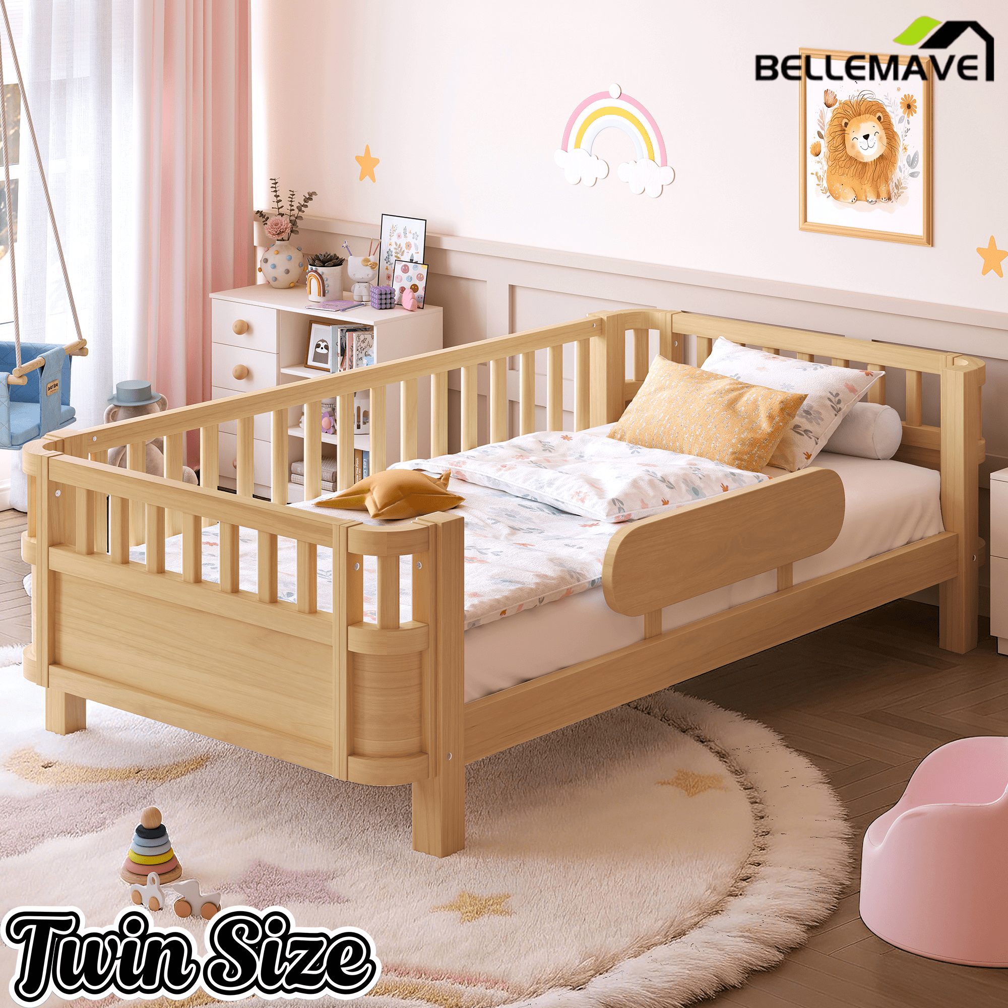 Bellemave® Wood Platform Bed for Kids, with Safety Guardrails & Detachable Fence, Extra Side Rail, Low Profile Floor Bed Frame for Co - Sleeping - Bellemave