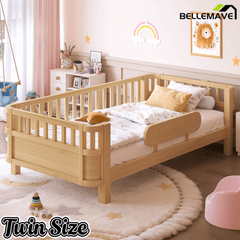 Bellemave® Wood Platform Bed for Kids, with Safety Guardrails & Detachable Fence, Extra Side Rail, Low Profile Floor Bed Frame for Co - Sleeping - Bellemave