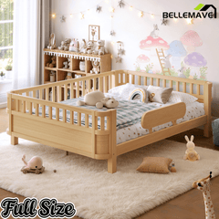 Bellemave® Wood Platform Bed for Kids, with Safety Guardrails & Detachable Fence, Extra Side Rail, Low Profile Floor Bed Frame for Co - Sleeping - Bellemave