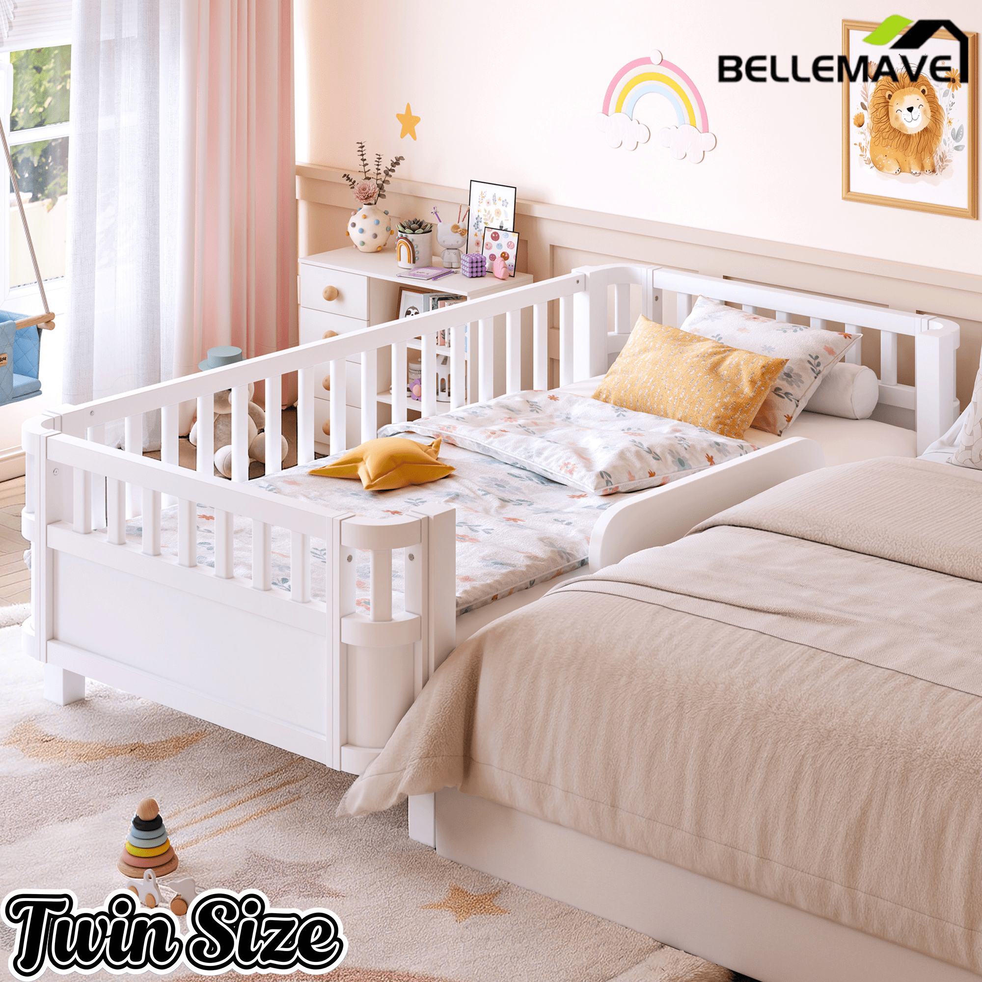 Bellemave® Wood Platform Bed for Kids, with Safety Guardrails & Detachable Fence, Extra Side Rail, Low Profile Floor Bed Frame for Co - Sleeping - Bellemave