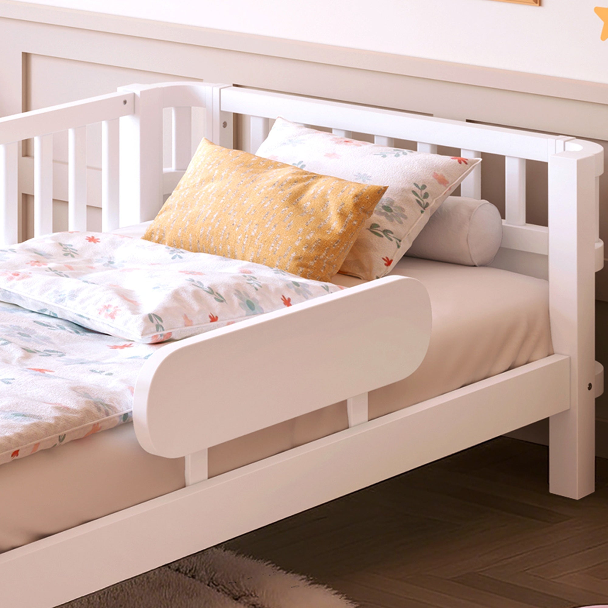 Bellemave® Wood Platform Bed for Kids, with Safety Guardrails & Detachable Fence, Extra Side Rail, Low Profile Floor Bed Frame for Co - Sleeping - Bellemave