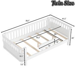 Bellemave® Wood Platform Bed for Kids, with Safety Guardrails & Detachable Fence, Extra Side Rail, Low Profile Floor Bed Frame for Co - Sleeping - Bellemave