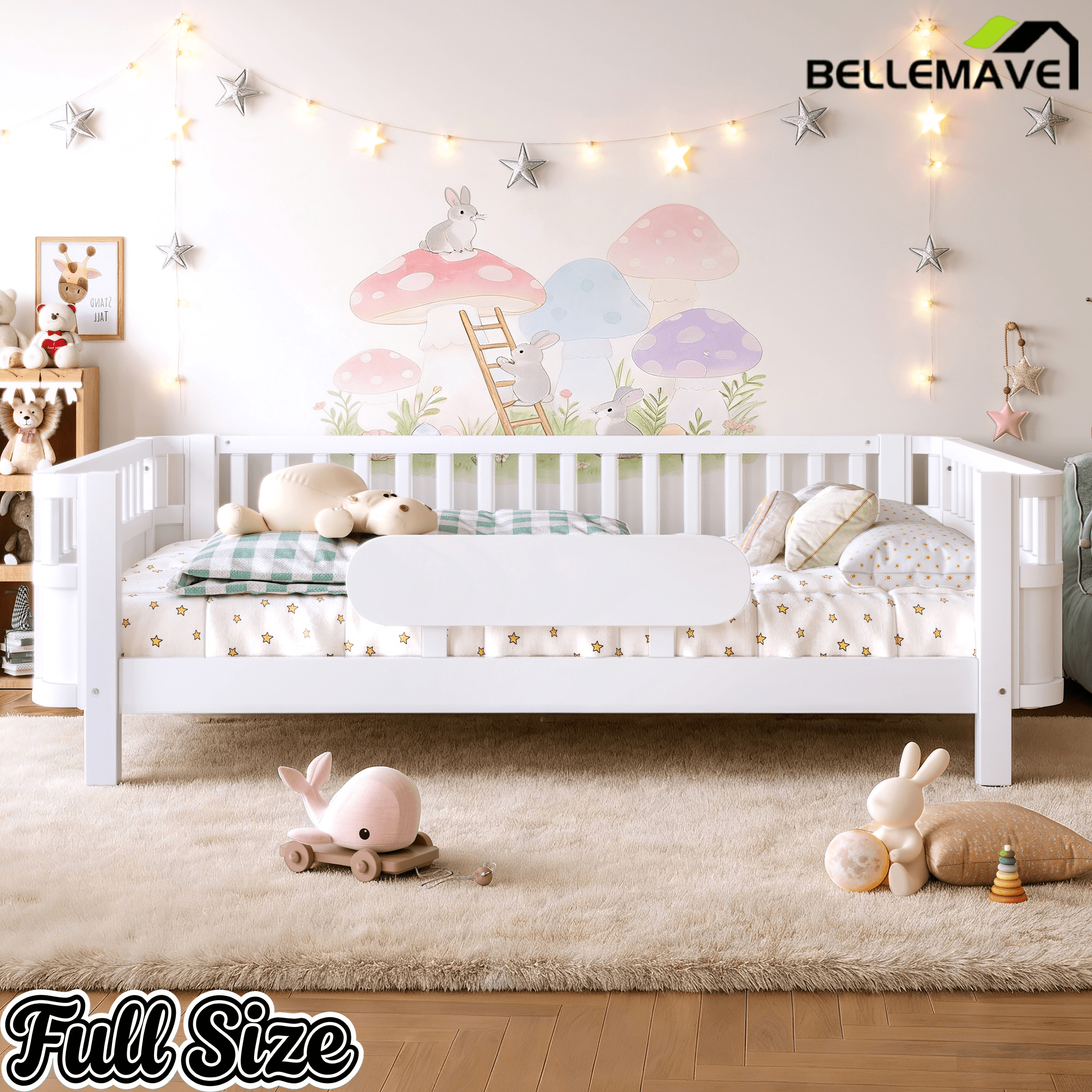 Bellemave® Wood Platform Bed for Kids, with Safety Guardrails & Detachable Fence, Extra Side Rail, Low Profile Floor Bed Frame for Co - Sleeping - Bellemave