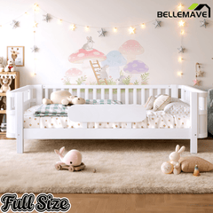Bellemave® Wood Platform Bed for Kids, with Safety Guardrails & Detachable Fence, Extra Side Rail, Low Profile Floor Bed Frame for Co - Sleeping - Bellemave