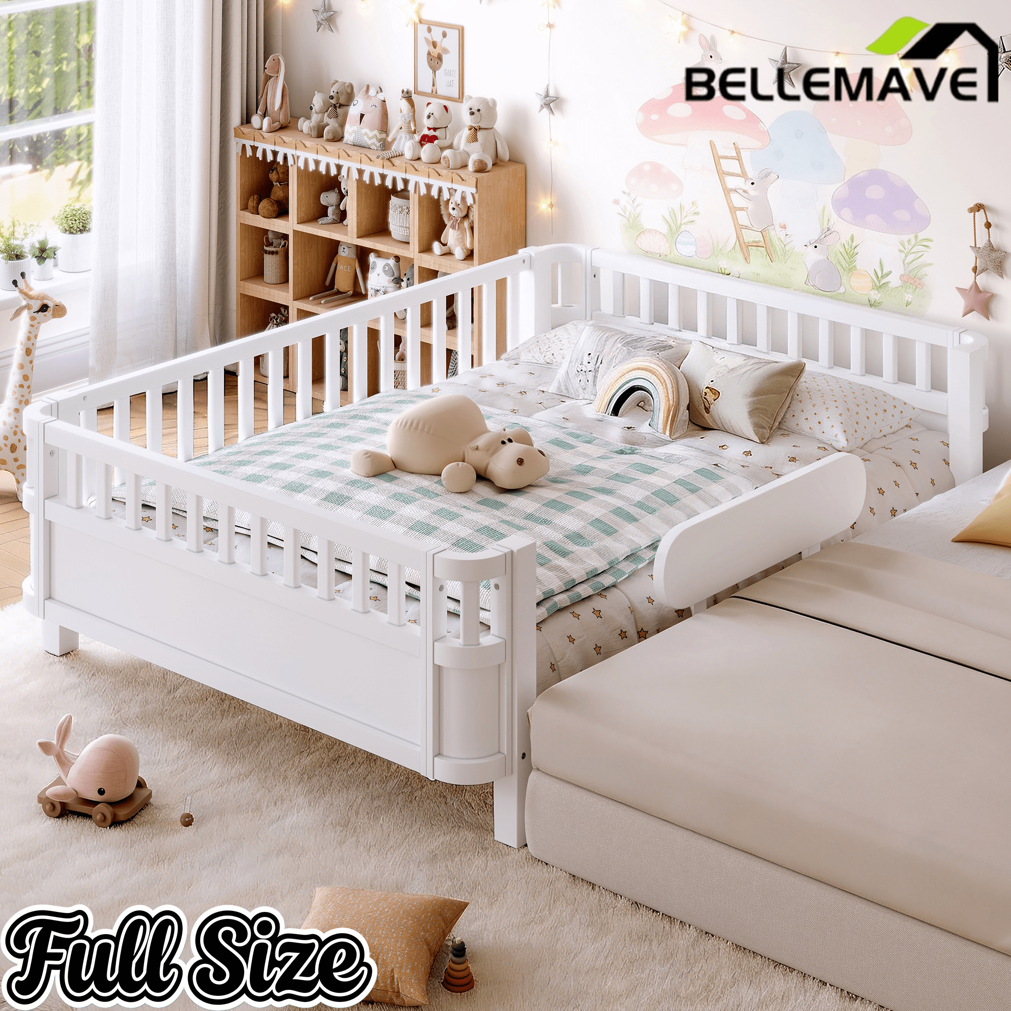 Bellemave® Wood Platform Bed for Kids, with Safety Guardrails & Detachable Fence, Extra Side Rail, Low Profile Floor Bed Frame for Co - Sleeping - Bellemave