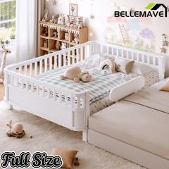 Bellemave® Wood Platform Bed for Kids, with Safety Guardrails & Detachable Fence, Extra Side Rail, Low Profile Floor Bed Frame for Co - Sleeping - Bellemave
