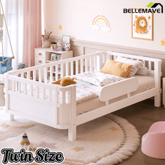 Bellemave® Wood Platform Bed for Kids, with Safety Guardrails & Detachable Fence, Extra Side Rail, Low Profile Floor Bed Frame for Co - Sleeping - Bellemave