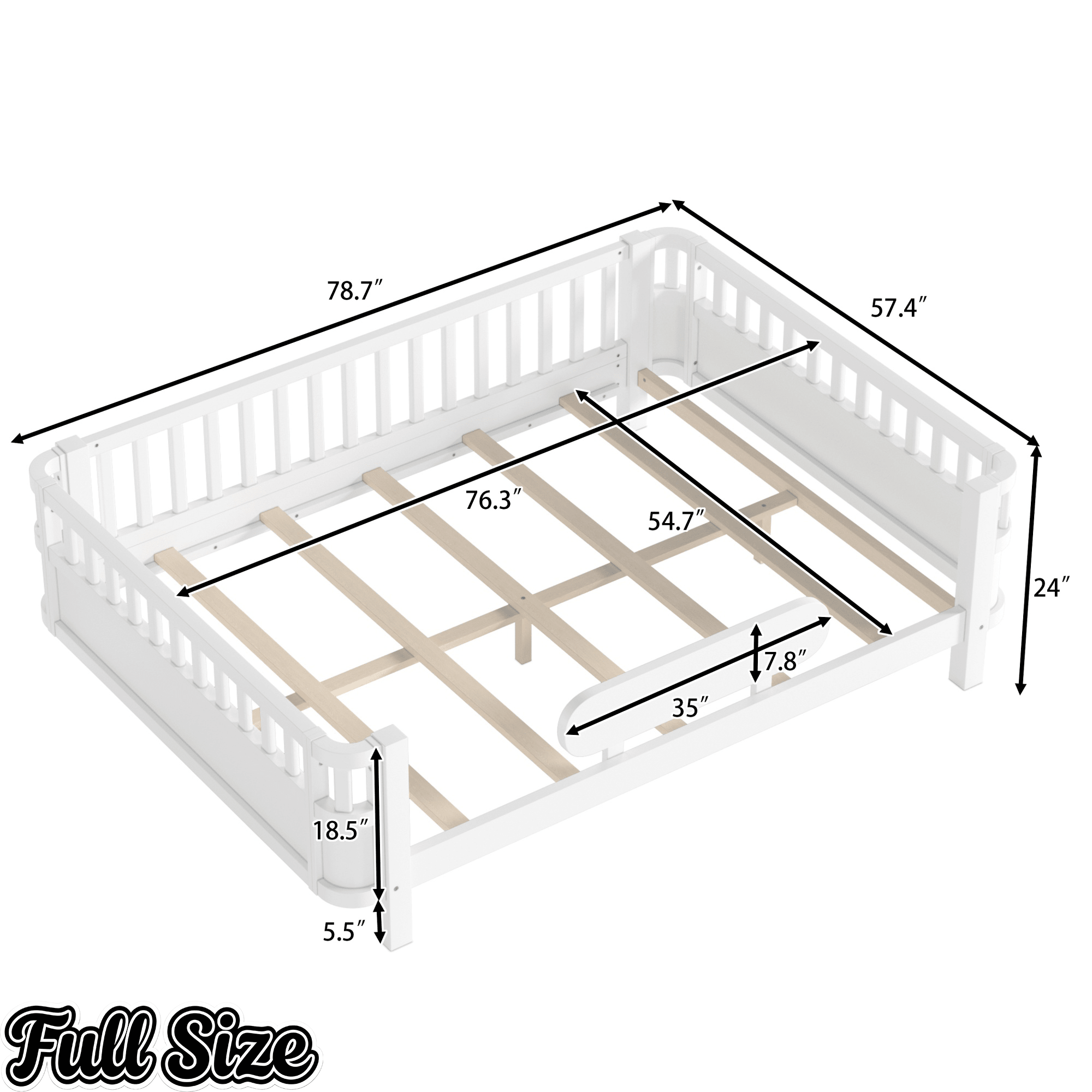 Bellemave® Wood Platform Bed for Kids, with Safety Guardrails & Detachable Fence, Extra Side Rail, Low Profile Floor Bed Frame for Co - Sleeping - Bellemave