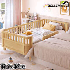 Bellemave® Wood Platform Bed for Kids, with Safety Guardrails & Detachable Fence, Extra Side Rail, Low Profile Floor Bed Frame for Co - Sleeping - Bellemave