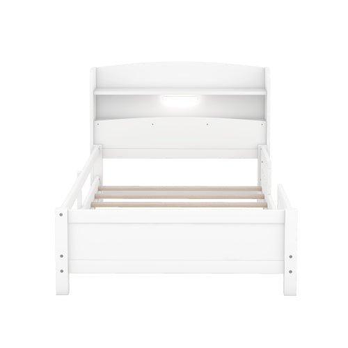 Bellemave® Wood Platform Bed with Built - in LED Light, Storage Headboard and Guardrail - Bellemave