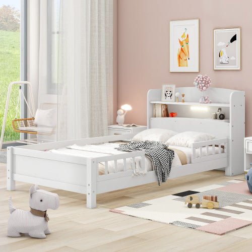 Bellemave® Wood Platform Bed with Built - in LED Light, Storage Headboard and Guardrail - Bellemave