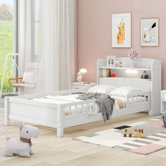 Bellemave® Wood Platform Bed with Built - in LED Light, Storage Headboard and Guardrail - Bellemave