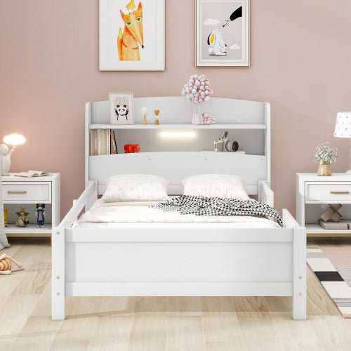 Bellemave® Wood Platform Bed with Built - in LED Light, Storage Headboard and Guardrail - Bellemave